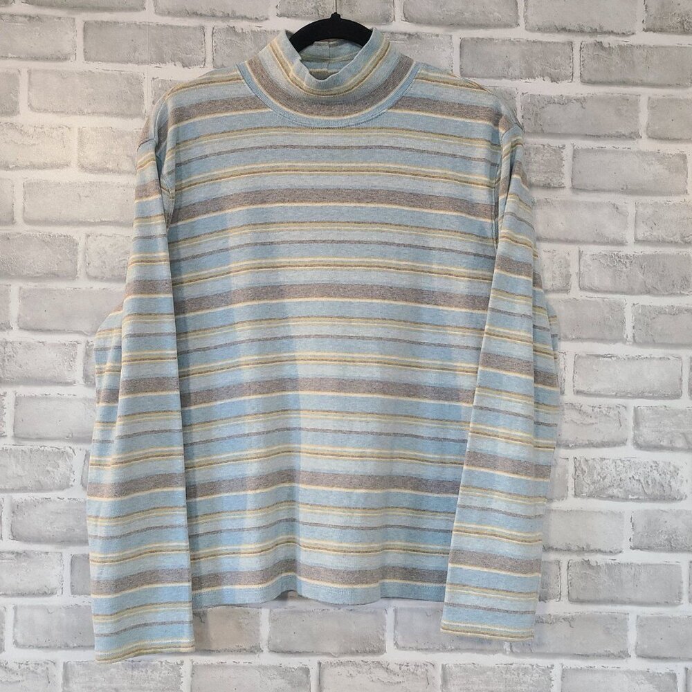 Vintage Pendleton Cotton Striped Mock Turtleneck Shirt Top Blue Gray Yellow XL